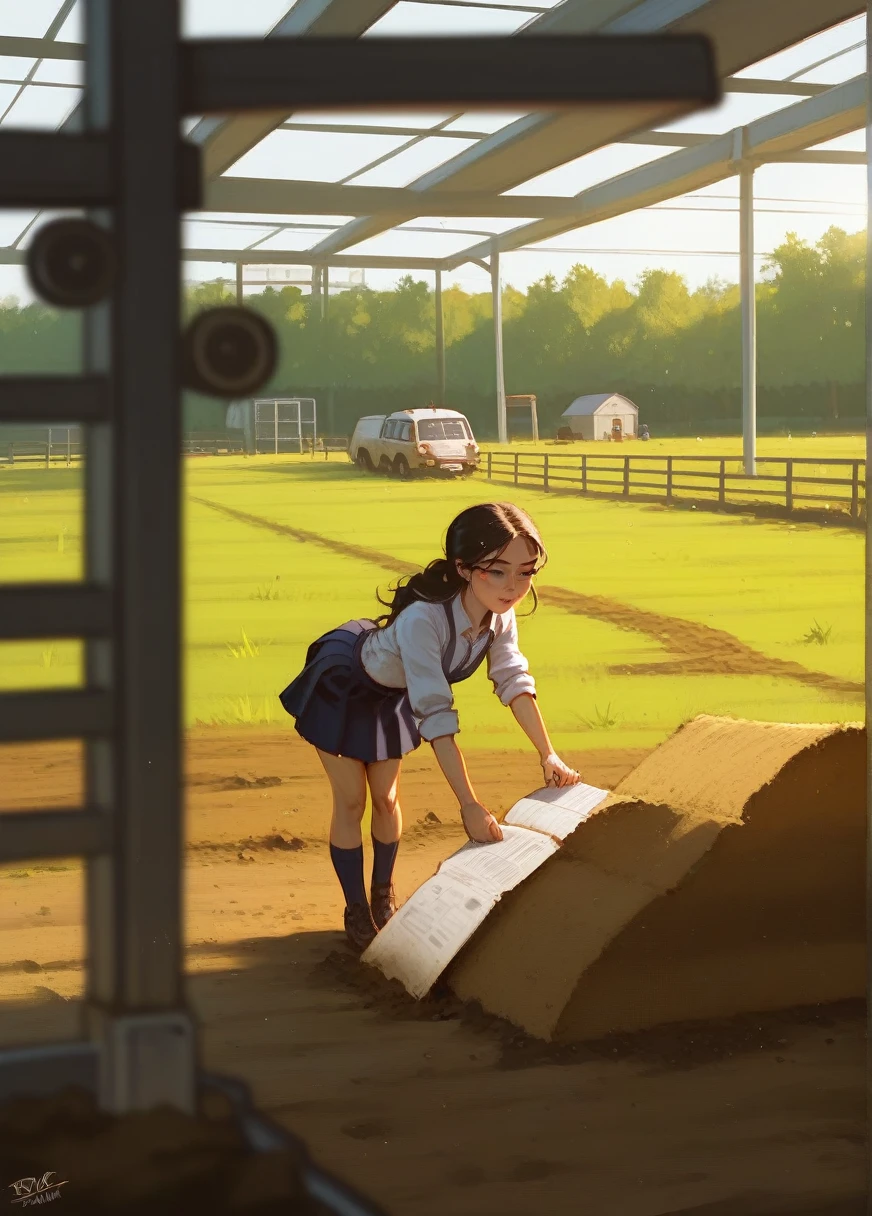 a young schoolgirl, working in a rural farm field, digging soil with a hoe, hard work, determination, agriculture, countryside, natural lighting, warm tones, cinematic composition, highly detailed, photorealistic, 8k, HDR, professional photography