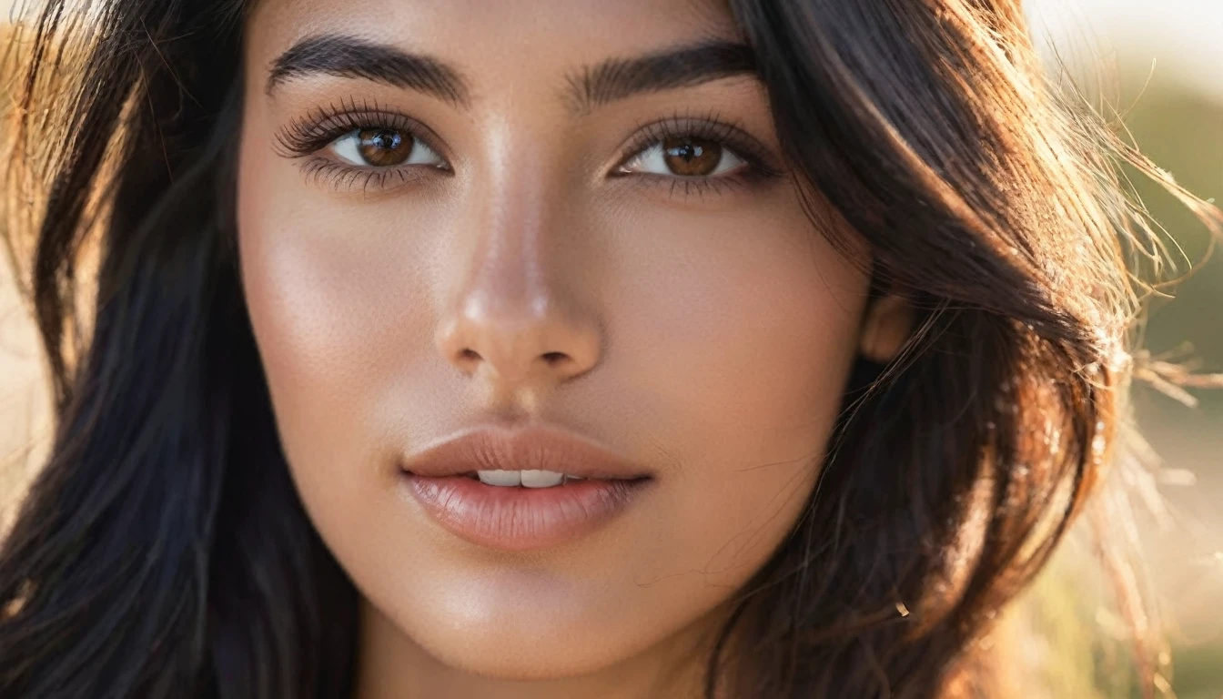 portrait photo of a beautiful 25 years old spanish woman, endless long (extra long black hair), Award - winning photograph, Masterpiece, 8k, ultra high res, hyper detailed, beautiful woman, perfect face, rule of thirds, Perfect eyes, Perfect iris, perfect pupils, (perfectly round iris:1.3), Perfect lips, Perfect teeth, dimples, perfect nose, highly detailed hair, ((detailed face)), ((detailed facial features)), (finely detailed skin), tanned skin, realistic skin texture, extreme skin details, (pores:0.1),(sweaty:0.8), insane details, intricate details, amazing fine detail, photorealistic, photograph, photorealism, rich colors, lifelike texture, neutral colors, Soft front light,cinematic lighting, dramatic lighting,dappled light on face, backlight on hair, sharp focus, wide angle, film grain, dslr, raw photo, photographed on Nikon