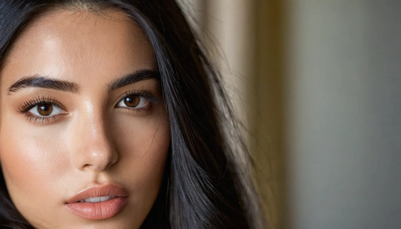 portrait photo of a beautiful 25 years old spanish woman, endless long (extra long black hair), Award - winning photograph, Masterpiece, 8k, ultra high res, hyper detailed, beautiful woman, perfect face, rule of thirds, Perfect eyes, Perfect iris, perfect pupils, (perfectly round iris:1.3), Perfect lips, Perfect teeth, dimples, perfect nose, highly detailed hair, ((detailed face)), ((detailed facial features)), (finely detailed skin), tanned skin, realistic skin texture, extreme skin details, (pores:0.1),(sweaty:0.8), insane details, intricate details, amazing fine detail, photorealistic, photograph, photorealism, rich colors, lifelike texture, neutral colors, Soft front light,cinematic lighting, dramatic lighting,dappled light on face, backlight on hair, sharp focus, wide angle, film grain, dslr, raw photo, photographed on Nikon