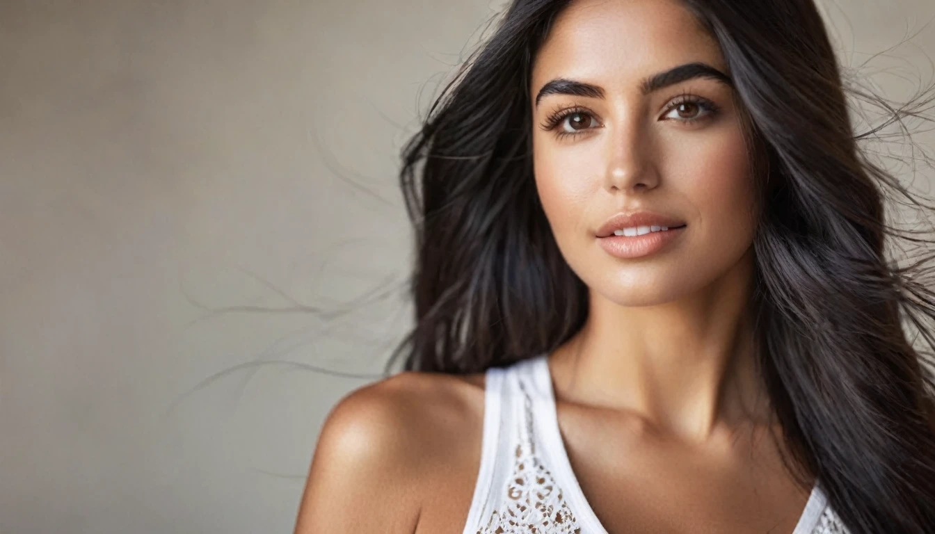 portrait photo of a beautiful 25 years old spanish woman, endless long (extra long black hair), Award - winning photograph, Masterpiece, 8k, ultra high res, hyper detailed, beautiful woman, perfect face, rule of thirds, Perfect eyes, Perfect iris, perfect pupils, (perfectly round iris:1.3), Perfect lips, Perfect teeth, dimples, perfect nose, highly detailed hair, ((detailed face)), ((detailed facial features)), (finely detailed skin), tanned skin, realistic skin texture, extreme skin details, (pores:0.1),(sweaty:0.8), insane details, intricate details, amazing fine detail, photorealistic, photograph, photorealism, rich colors, lifelike texture, neutral colors, Soft front light,cinematic lighting, dramatic lighting,dappled light on face, backlight on hair, sharp focus, wide angle, film grain, dslr, raw photo, photographed on Nikon