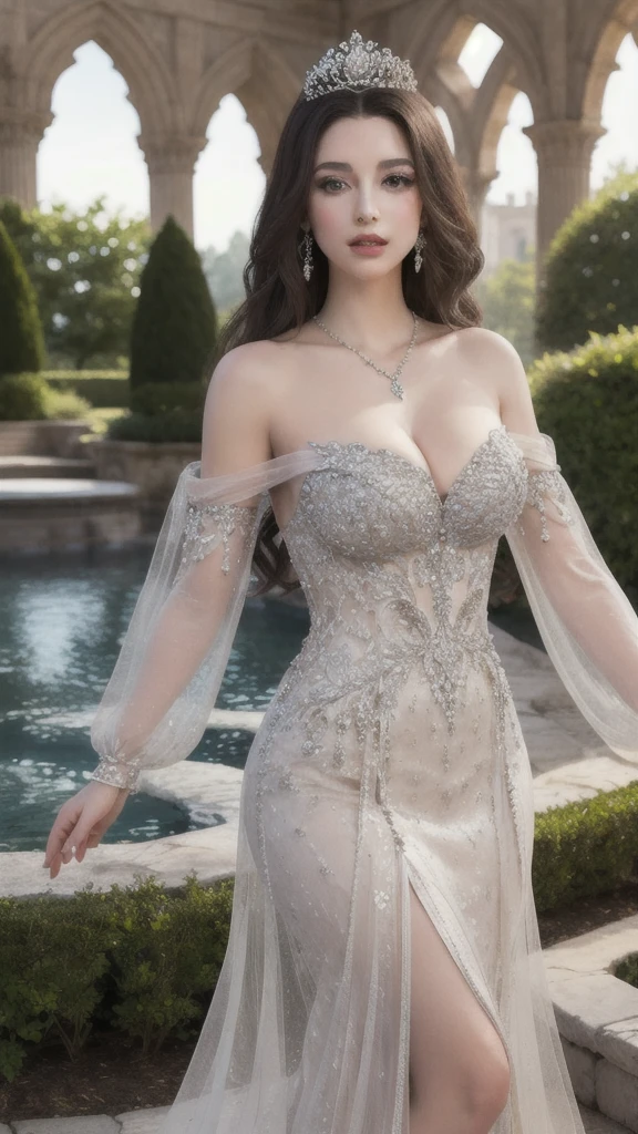 The beautiful princess, wearing the most beautiful royal dress, the dress is decorated with jewels and diamonds, her necklace is made of diamonds and gemstones, her cleavage is visible, her breasts are big, she is playing in the garden, the background is a magnificent palace. ((good image quality, RAW, masterpiece, real photo.