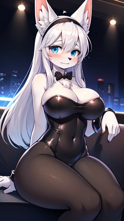 best quality, best resolution, (fluffy anthro furry), arctic fox girl, silver hair, fox ears, blue eyes, (white fur), long straight hair, big breast, sophisticated manner, (black strapless leotard, mesh fishnet pantyhose, bowtie, cuffs, headband with long black rabbit ears), sitting, night club, embarrassed expression, cash stuufed into cleavage