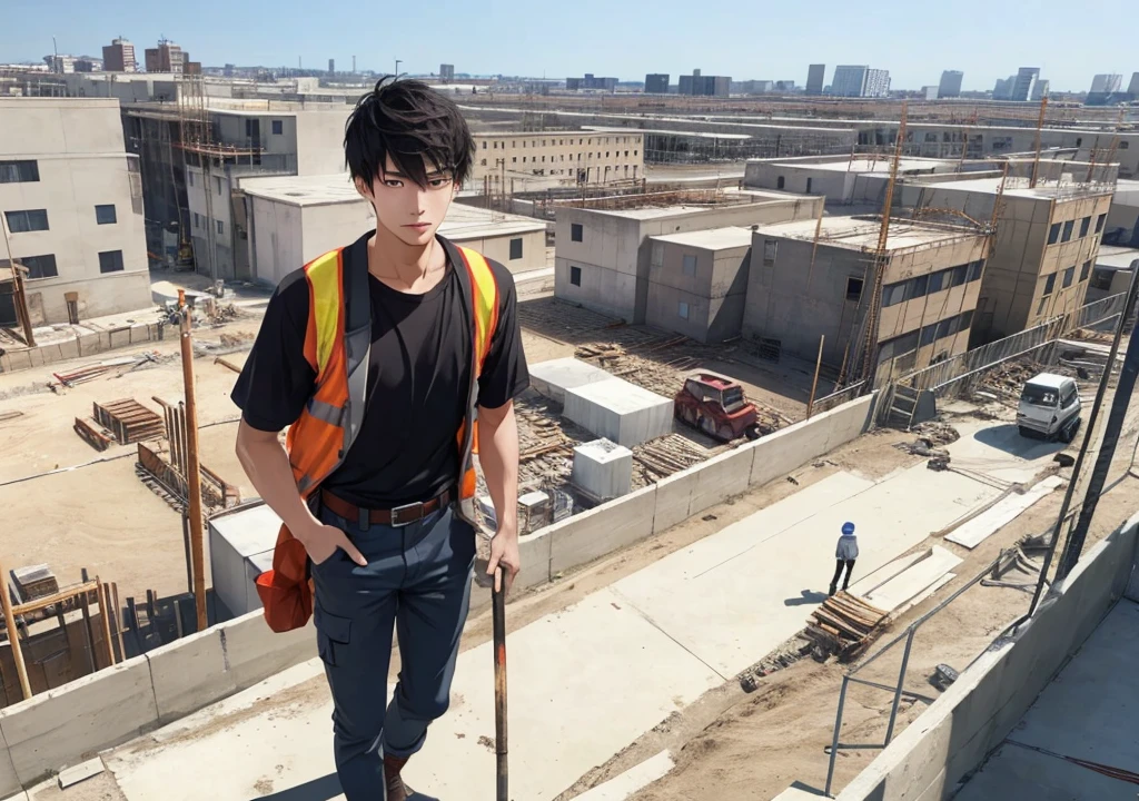 One man、good looking、20-year-old、A serious look、Working at a construction site、
Work clothes、The background is the city