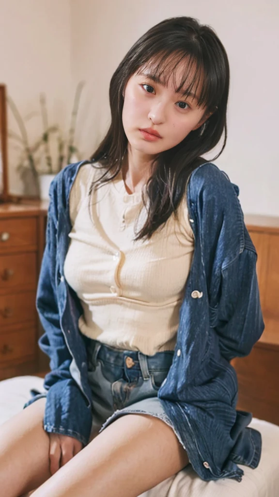 (masterpiece、Highest quality、Very detailed),alone、Natural body shape、White skin、Natural Makeup、Black Hair、bangs、Straight Long Hair、、(expensive 、Beige long sleeve cardigan、White blouse、Blue plaid pleated skirt)、、(Big Breasts:1.3)、((The upper body is wearing a uniform))、(((((Looking into the camera)))))、(((Portrait from head to knee)))、(((Exposing your thighs)))、Bedroom、On the bed、Sitting、((Focus on the crotch))