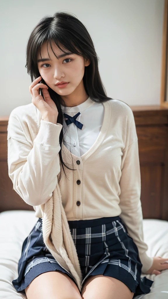 (masterpiece、Highest quality、Very detailed),alone、Natural body shape、White skin、Natural Makeup、Black Hair、bangs、Straight Long Hair、、(expensive  、Beige long sleeve cardigan、White blouse、Blue plaid pleated skirt)、、(Big Breasts:1.3)、((The upper body is wearing a uniform))、(((((Looking into the camera)))))、(((Portrait from head to knee)))、(((Exposing your thighs)))、Bedroom、On the bed、Sitting、((Focus on the crotch))