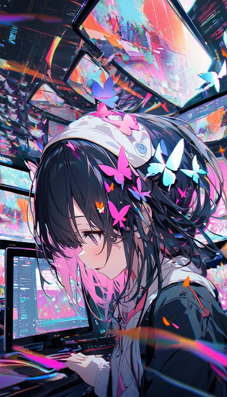 Butterflies flying from the screen、Multiple Screens、Digital Noise、error