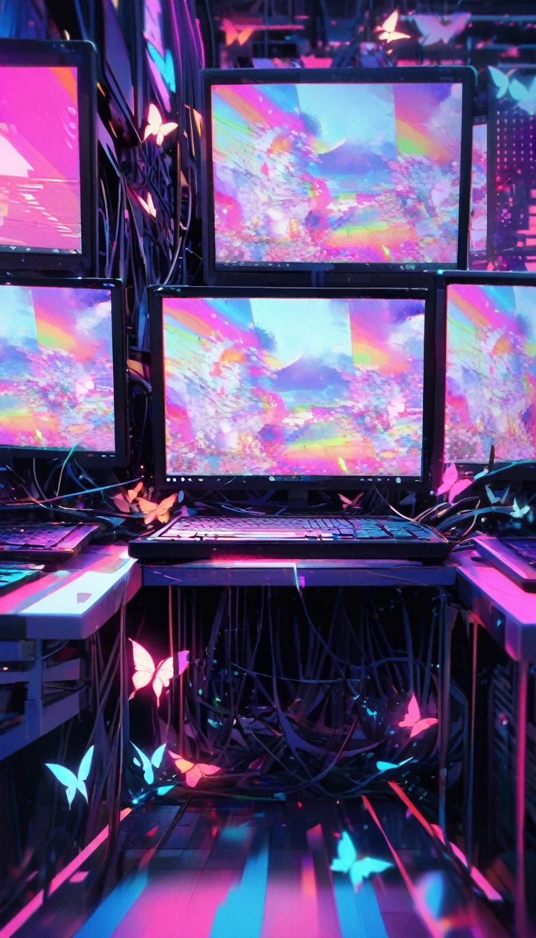 Butterflies flying from the screen、Multiple Screens、Digital Noise、error