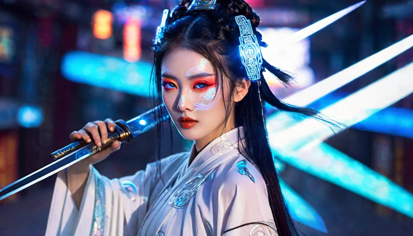 A beautiful Chinese sword girl,kungfu, and exquisite facial features, sharp eyes,clear facial features,a scar on one’s face,wearing traditional Chinese white Hanfu and mecha,cyberhanfu, fluttering clothes and hair,Chinese elements,neon realism,Cyberpunk,Cyberpunk style background,futurism, mechanical holographic projection, blue holographic,Hyper-Realistic,details,3D rendering, OC rendering, Unreal Engine,Ultra realistic photography, 16k,HD