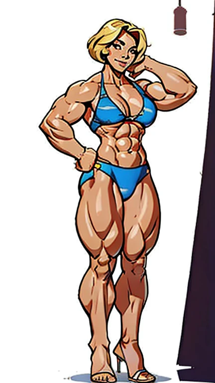 full body view, cute lovely 40 yo woman, short blonde bob haircut, stylish tiny micro bikini, free midriff, strong well defined muscle, bulky powerful bodybuilder physique, perfect and flawless musculature, great muscle definition, perfect six-pack abs, massive muscular thighs, soft feminine curves