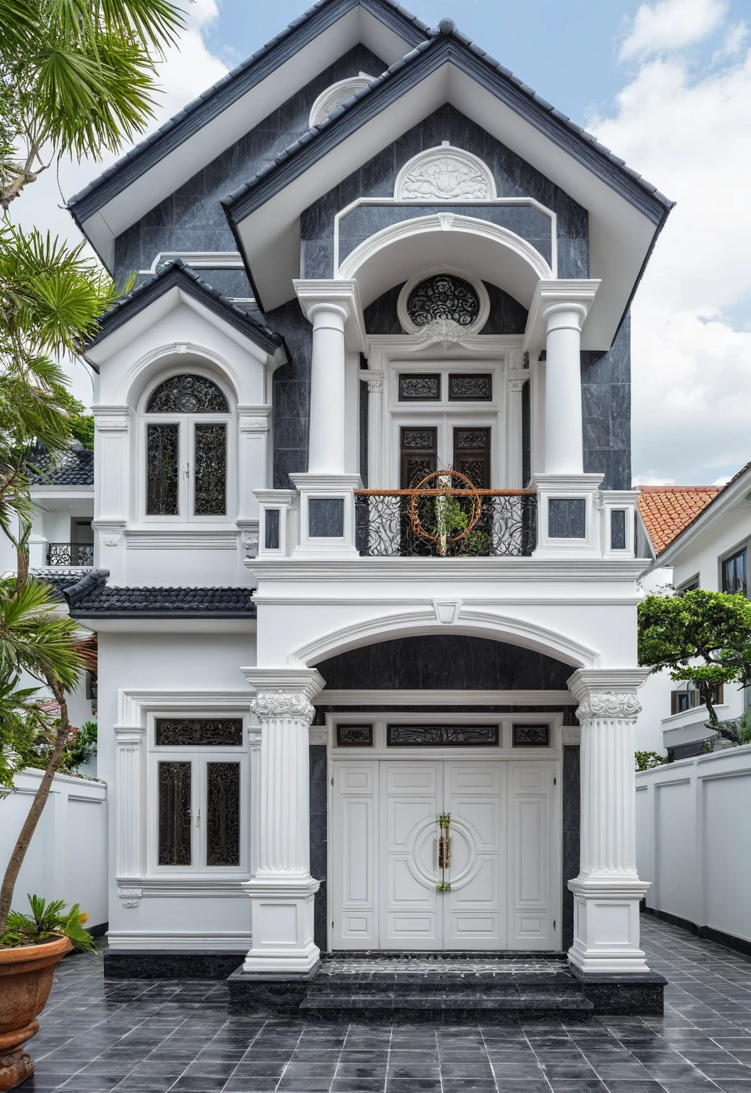 (bright image), A double story modern style house in the middle of Vietnam, (dark grnite tiled wall),(classic detail), simple and elegant architecture with white walls on top half and grey tiles roof, large windows with, entrance door is white with arched shape, bonsai trees, wide tile stone courtyard, professional photography, daylight, natural light, high resolution photography, (best quality, ultra realistic, masterpiece:1.15)