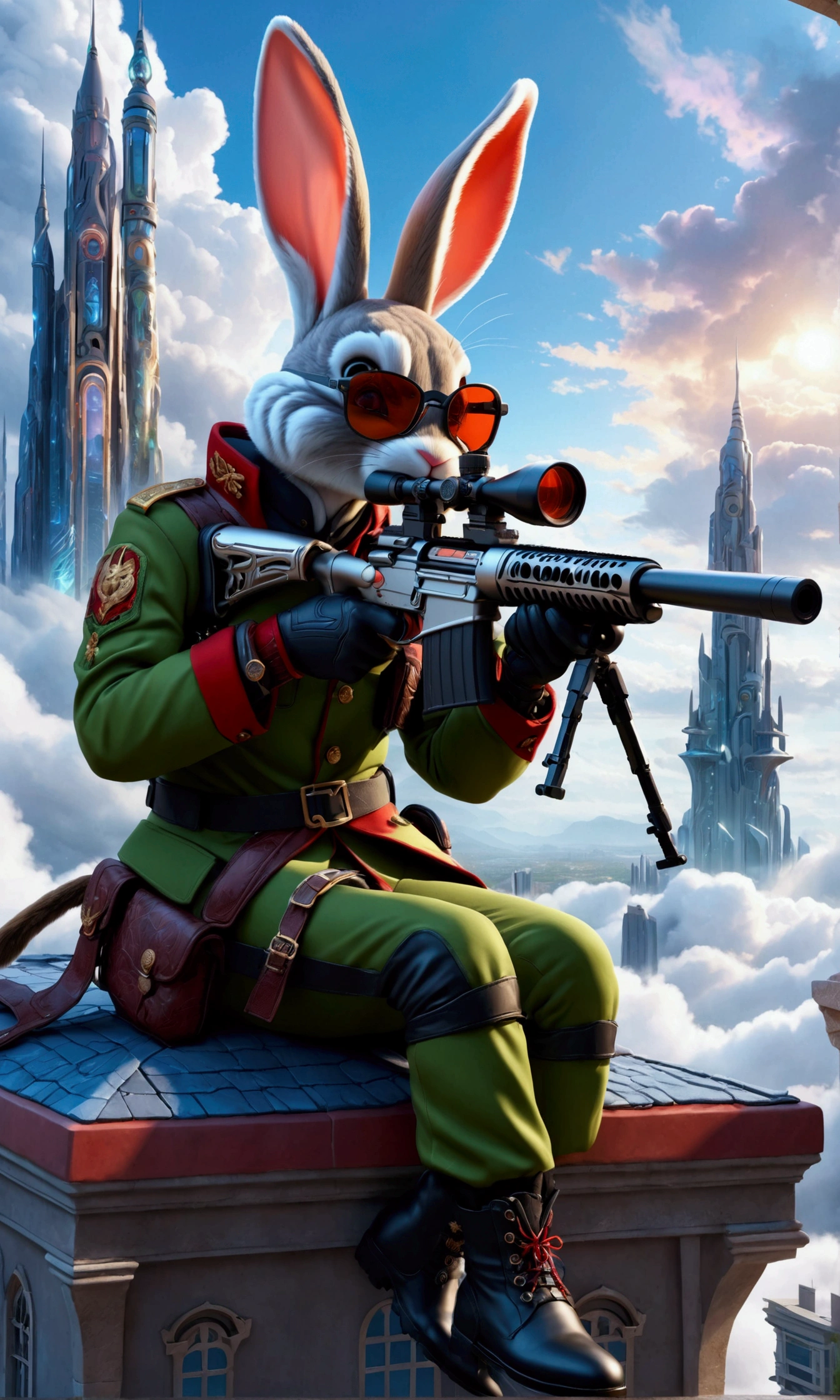(Close-up of anthropomorphic bunny sitting on edge of roof and aiming with elite sniper rifle:1.3), (rifle has ornate golden handle:1.1), (stylish high-neck military jacket:1.1), white-pink clothes, (leather gloves, cool glasses:1.1), (pants with pockets:1.2), (background is futuristic crystal towers:1.1), (beautiful romantic cloudy twilight:1.2), (futuristic architecture with intricate otherworldly design:1.2), bright colors, masterpiece in maximum 16K resolution, best quality, ultra detailed, aesthetics, absurdes.
