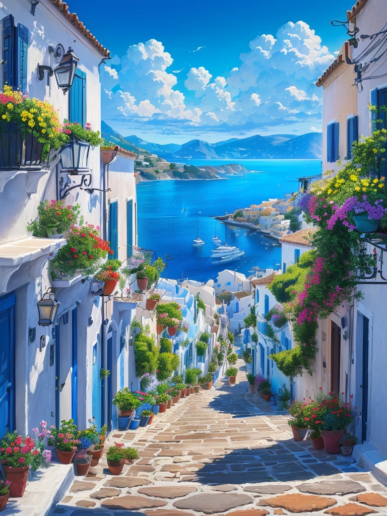 Drawing a small street,Street with flowers and potted plants, mediterranean vista, 在mediterranean vista中, Beautiful city view, Landscape Art Detail, mediterranean island scenery, mediterranean city, Landscape Artwork, Summer street near the beach, Detailed painting 4k, mediterranean vista, High Definition, Greek fantasy landscape, Detailed scenery —width 672, Beautiful painting