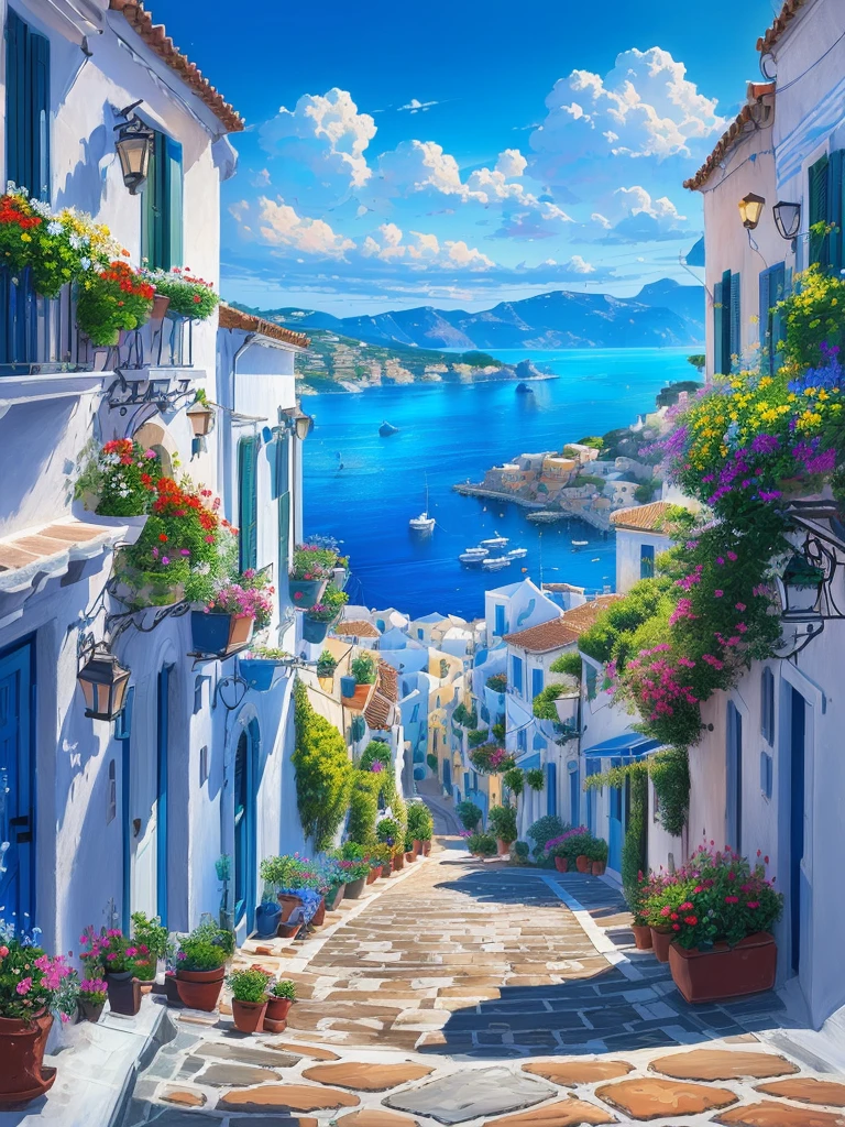 Drawing a small street，Street with flowers and potted plants, mediterranean vista, 在mediterranean vista中, Beautiful city view, Landscape Art Detail, mediterranean island scenery, mediterranean city, Landscape Artwork, Summer street near the beach, Detailed painting 4k, mediterranean vista, High Definition, Greek fantasy landscape, Detailed scenery —width 672, Beautiful painting