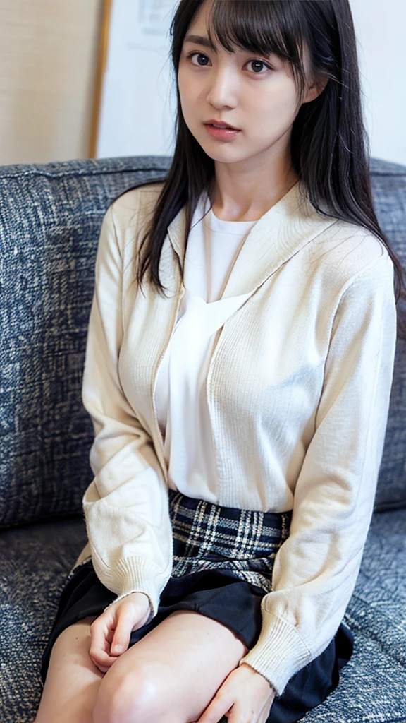 (masterpiece、Highest quality、Very detailed),alone、Natural body shape、White skin、Natural Makeup、Black Hair、bangs、Straight Long Hair、、(expensive 、Beige long sleeve cardigan、White blouse、Blue plaid pleated skirt)、、(Big Breasts:1.3)、((The upper body is wearing a uniform))、(((((Looking into the camera)))))、(((Portrait from head to knee)))、(((Exposing your thighs)))、Bedroom、On the bed、Sitting、((Focus on the crotch))