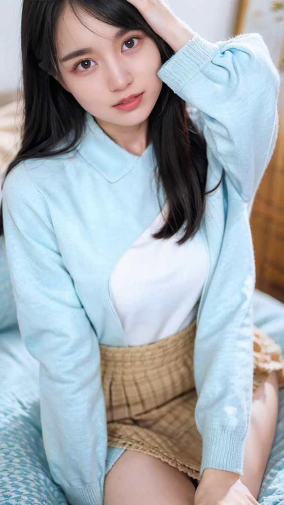 (masterpiece、Highest quality、Very detailed),alone、Natural body shape、White skin、Natural Makeup、Black Hair、bangs、Straight Long Hair、、(expensive 、Beige long sleeve cardigan、White blouse、Blue plaid pleated skirt)、、(Big Breasts:1.3)、((The upper body is wearing a uniform))、(((((Looking into the camera)))))、(((Portrait from head to knee)))、(((Exposing your thighs)))、Bedroom、On the bed、Sitting、((Focus on the crotch))