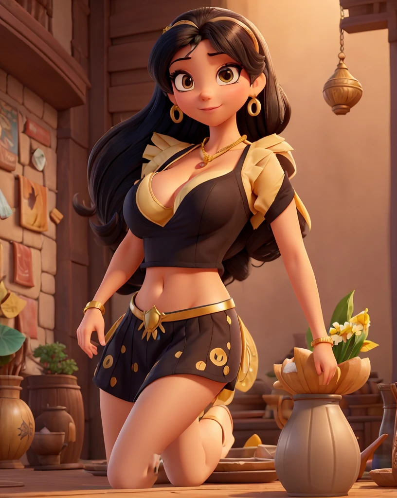 Cartoonized, Jasmine, Disney Princess, black hair, midriff top, solo, detailed, high quality, 4K, athletic figure, 34B breasts, sultry expression, exotic marketplace background with colorful fabrics, intricate architecture, and bustling crowds, warm colors, cleavage visible, nipples slightly visible, живой и правильный и симметричный взгляд