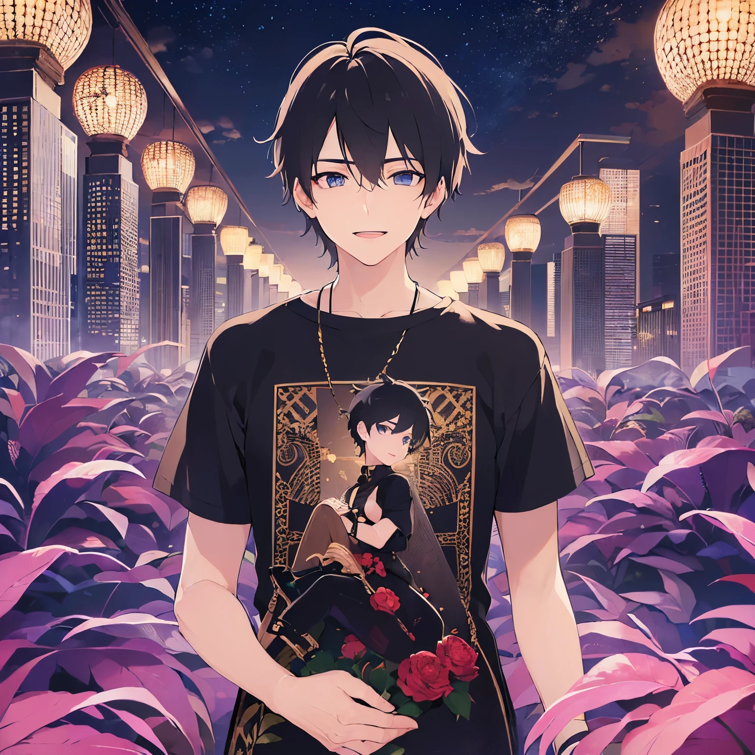 (25-year-old male:1.5) and (Black short hair) and (blue eyes)
(black) and (T-Shirts).(looking at viewer:1.5),upper body,
shiny skin, masterpiece、Highest quality、,smile,Are standing、open mouth,
(Night Park:1.5)、wood、grass、(Night Sky:1.5),(alone:1.5)