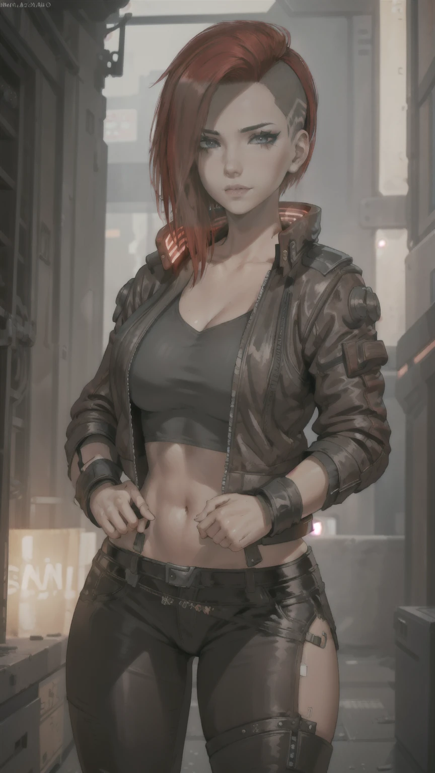 2077v, neon jacket collar. redhead, leather jacket, leather pants, grey shirt, undercut, high quality, masterpiece, raw photo, detailed, extreme detail, detailed lips, raw, 4k, high resolution,
