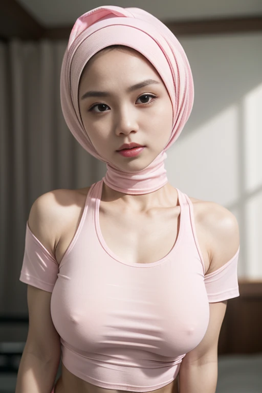 ((SHORT HIJAB)), ((small tits:1. 3)), (dynamic photograph of a 58 year old Indonesian woman), (slim top, cotton panties), (straight non curly hair), (highly detailed face:1.4), (vascular muscles and abs:1.3), (background inside light, bright, private gym:1.1), (8k, uhd, dslr, high quality, cinematic lighting, bokeh), (dramatic, award winning photography, incredible masterpiece:1.3), (((sexy sultry stare at camera:0.8))), ((she is ready to dominate you:0.5)), ((beautiful feminine face)), add_detail:1, (((wearing huge size t-shirt pink fluorescence without pictures )))