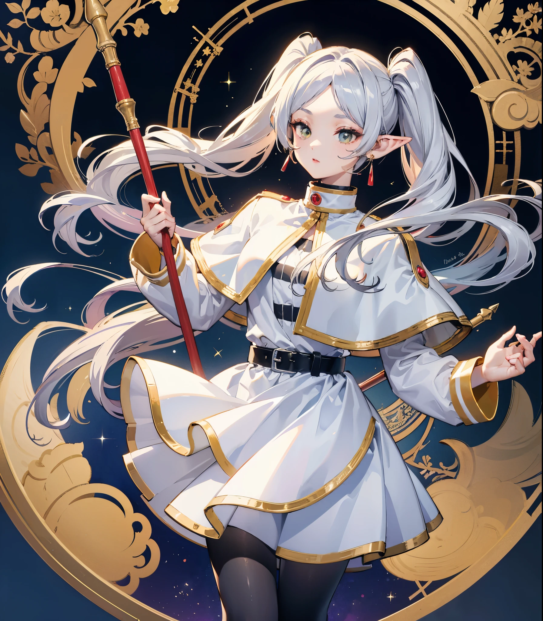 ((Highest quality)), ((masterpiece)), (detailed), Long Hair, Gray Hair, Twin tails, Pointed Ears, Earrings, Thick eyebrows, White capelet, Striped shirt, Long sleeve, belt, White Skirt, Black Pantyhose　High resolution　Holding a walking stick　magic circle　,freeze,Upper Body