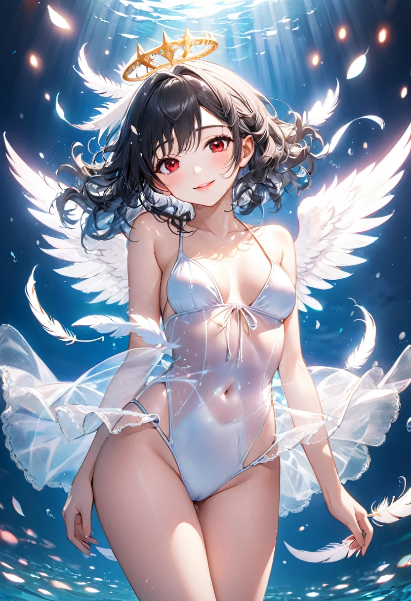 (full body, angel princess swimsuit style), (solo:2, 15 yo, curly:1.3 black hair long hair lovely girl, sexy red eyes, love smile, medium:1.2 tits, glossy lip), (in a white princess dress swimsuit, double exposure White Feather), break, in the Swimsuit contest venue, background beautiful ocean and Double Exposure many feather of lights, BREAK, perfect anatomy, masterpiece, best quality, 16k, beautiful detailed love, sexy, daydreaming expression.