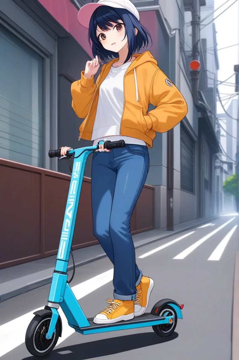 Pants Style,jeans,denim,Anime artwork 2D, One Girl, electric scooter, Are standing, Motion Lines, road, Riding a electric scooter down the street . Anime Style, Key Visual, Vibrant, Studio Anime, Very detailed