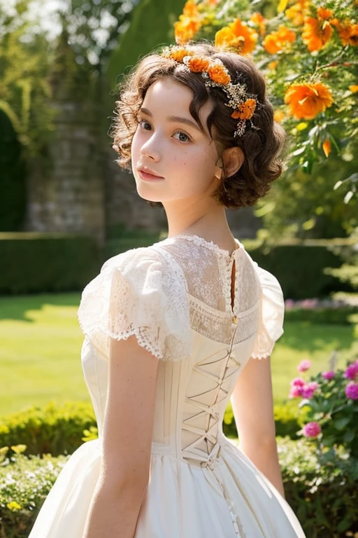 a 20 year old girl, with , He has short, curly white hair.. she is very pretty, with Slavic skin and freckles, and she is wearing a long orange dress from the Victorian era. It is located in the garden of a castle,