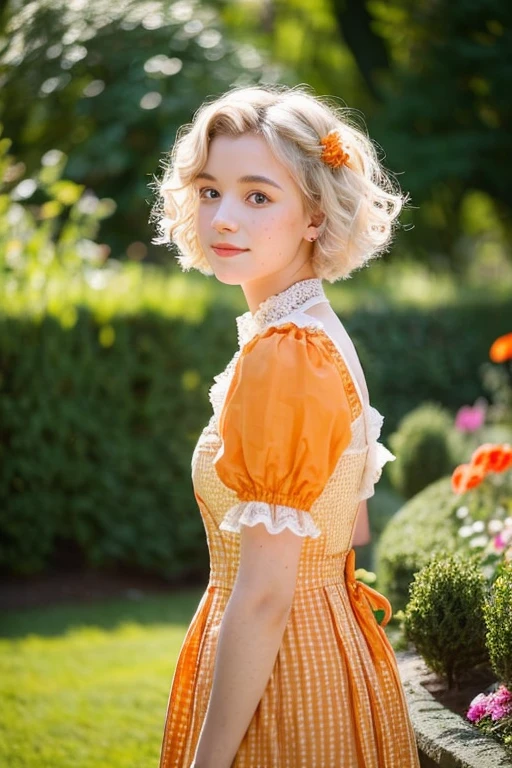 a 20 year old girl, with , He has short, curly white hair.. she is very pretty, with Slavic skin and freckles, and she is wearing a long orange dress from the Victorian era. It is located in the garden of a castle,