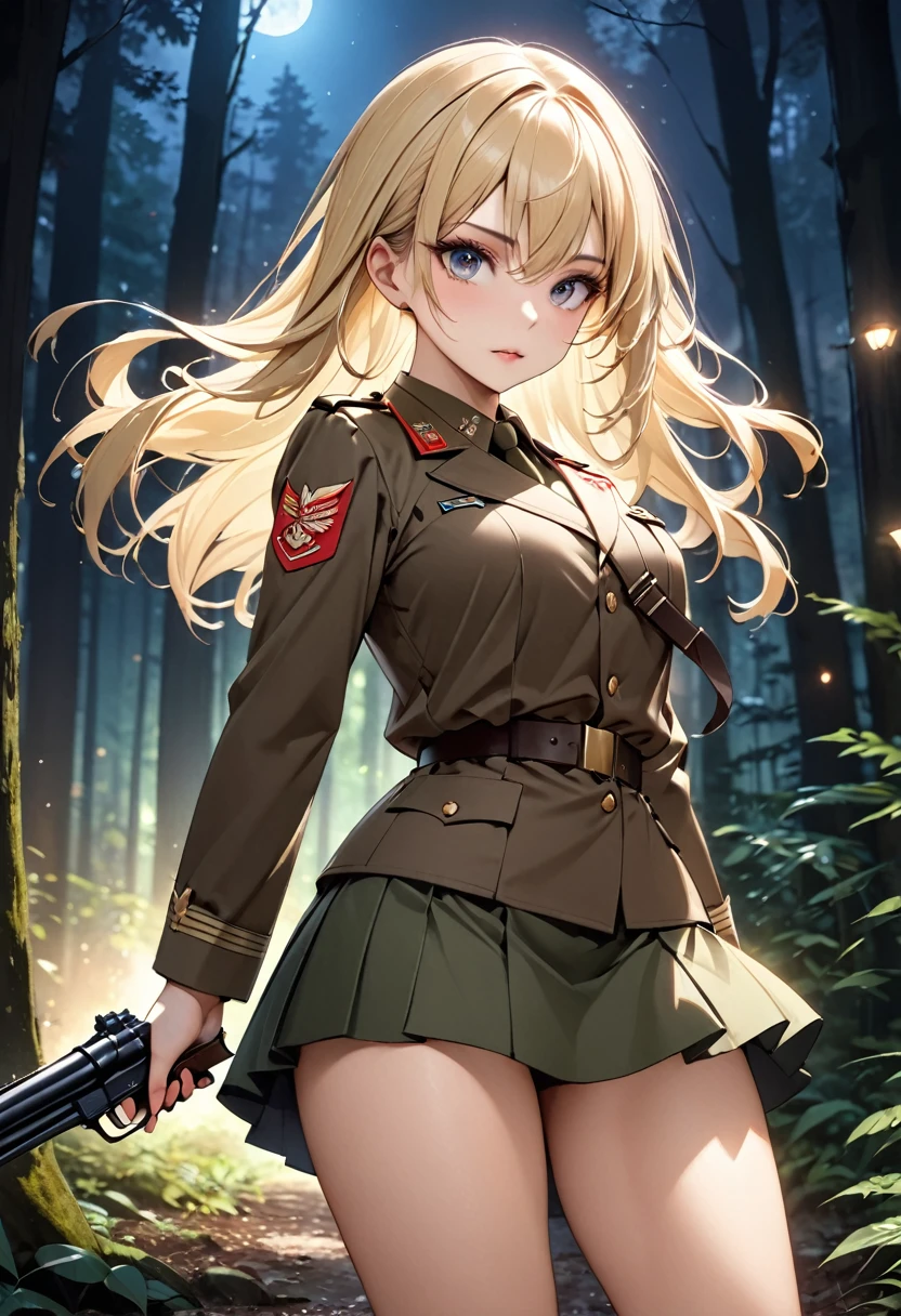 masterpiece,Highest quality,16K,Beautiful with attention to detail,Incredibly absurd,Blonde Hair,Shortcuts,Beautiful face,Beautiful eyes with attention to detail,Wearing a brown military uniform,skirt,From the thigh up,hold a gun with both hands,Night Forest