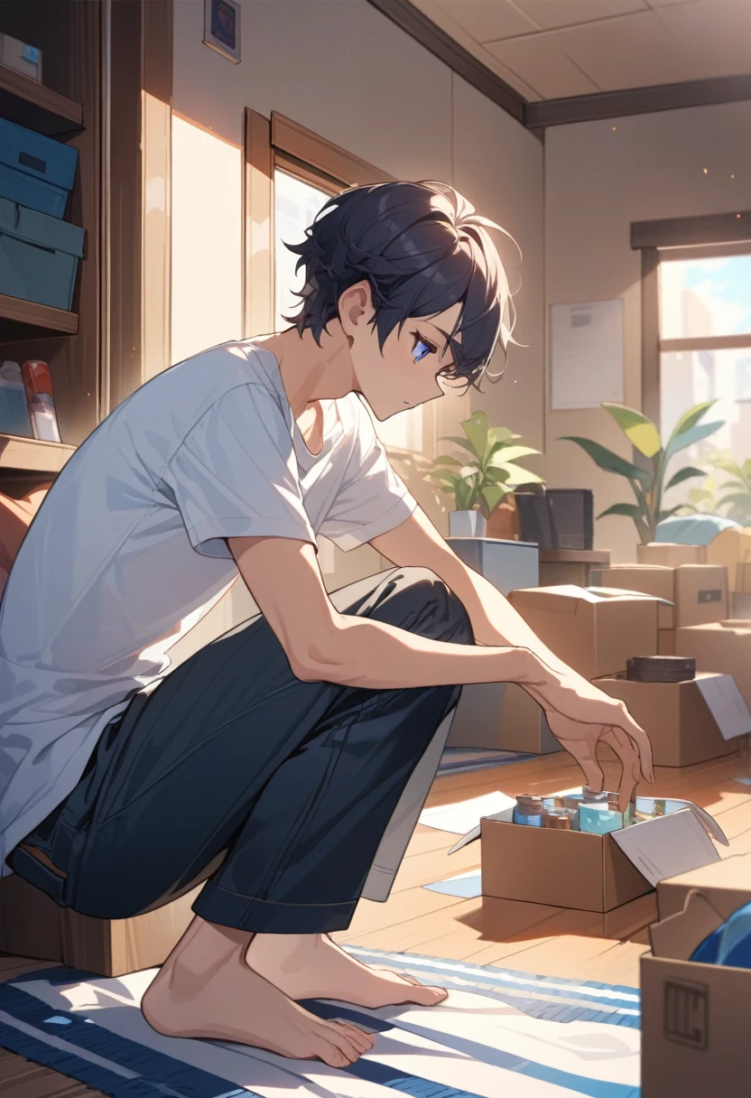 masterpiece, best quality, extremely detailed, ultra detailed, flat anime, 2D,
((1boy)),black hair, (short hair:1.5),blue eyes, height 1.7meters, (circle eyes:1.2), (young adult:1.2), Ear-length sideburns,
long Sleeves, White T-shirt, barefoot, ((short sleeves)), ((long pants)),
squatting, looking away, expressionless,open mouth, full body,from side,
summer, 12AM, livingroom,organizing the boxes., I'm looking at the material in my hand.