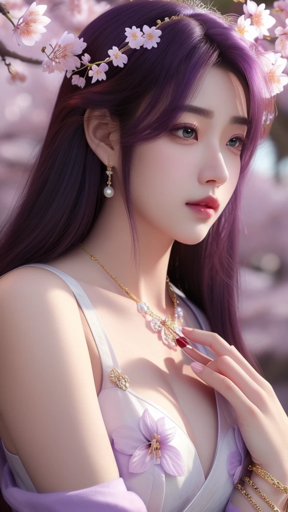 yun xi (,1girl, pov,best quality,masterpiece, ) ,(((cherry blossoms,, ))) ultra realistic 8k cg, flawless, clean, masterpiece, professional artwork, famous artwork, cinematic lighting, cinematic bloom, perfect face, beautiful face, fantasy, dreamlike, unreal, science fiction, luxury, jewelry, diamond, gold, pearl, gem, sapphire, ruby, emerald, intricate detail, delicate pattern, charming, alluring, seductive, erotic, enchanting, hair ornament, necklace, earrings, bracelet, armlet,halo,autumn leaves,purple eyes,purple hair,purple wearing