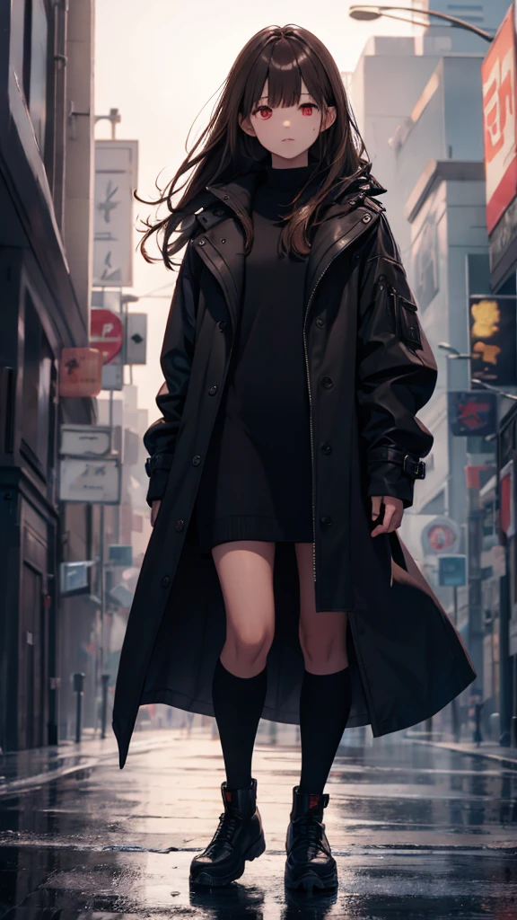 masterpiece,The best quality at its best、Lightless Eyes、Lightweight black coat、Leather shoes、Brown Hair、The bangs are long and reach the eyes、The back and sides of the hair should not cover the ears.、Red eyes、Eyes are thin、whole body、Standing posture、pantale、rain