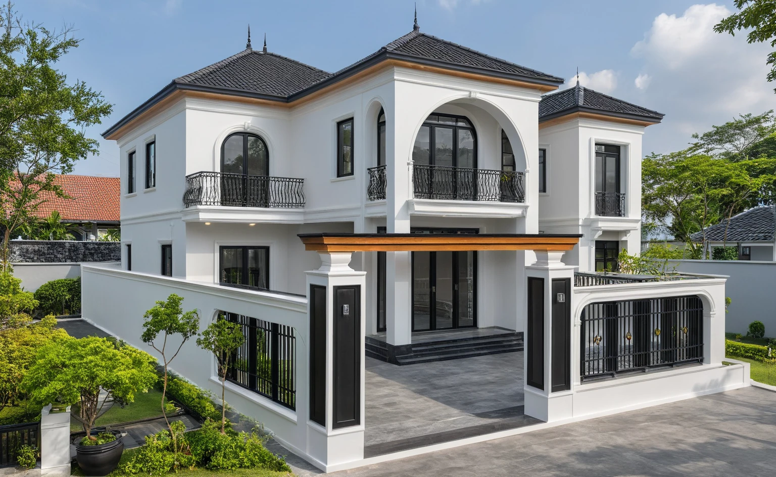 (masterpiece:1.2), best quality, photo of A two-story modern house in VietNam with white walls and dark tiles on the roof., tree and plant environment,black detail and (wooden ceiling:1.2), daylight, streetcapes, natural light, vivid color, The exterior of an elegant single family home features large windows, a dark gray door frame.