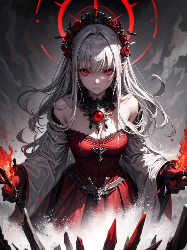 (Highest quality,4K,High resolution,masterpiece:1.2),Very detailed,Realistic:1.37,Spooky altar background,Dark fantasy,Red color scheme,Ominous atmosphere,Eye-catching,Storytelling,anatomy,Anime Style,Concept Art,beautiful細部までこだわった顔と (((Red eyes ))),Not exposed,Don&#39;t show skin,The body is covered with clothing,Terrifying Ritual ,Long golden hair,Blonde Hair,disaster々New Tiara,Satanic Ritual,Untimely Death,Unjust act,Crazy Smile,Scythe Face,Girl Monster, beautiful, Delicate facial features, Sharp Eye, Sharp Fangs, Pale skin, Thick chain, Dark Background, Cinema Lighting, Dramatic Shadows, Gothic style, Gloomy atmosphere, Dark fantasy, One Girl, , Please open your mouth wide, Open your mouth and baring your teeth,Sharp teeth like a beast, Wide lips, very wide mouth, Vermilion cheeks, ,(Blood splatter:1.4),Scary smile, laugh at,Fallen angel design, Twisted smile、Bloodstained、bleeding from the head,,、Blood splatter、,(Blood splatter:1.4),Crossbones, skull,Horror Style, ((Fantasy Fallen Angel Costume)), ((flowing blonde hair)), ,(Blood splatter:1.4),Female curves, Sexy flat stomach, Perfect hands, Perfect anime face, ((White Lolita Dress)), Are standing, ((Wicked Smile)), ,(Blood splatter:1.4), Steam circulates, Moonlight Illumination, night lighting, disaster々new devil horns,,(Blood splatter:1.6),アニメFallen angel design, Twisted smile、Bloodstained、bleeding from the head,,、Blood splatter、,(Blood splatter:1.4),Crossbones, skull,Gothic architecture、Western architecture、Fantasy World、,Victorian cities, Skeleton Gaslight,