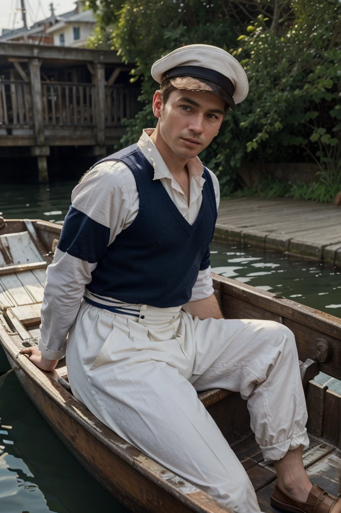 painting of a man in a sailor's outfit sitting on a boat, inspired by Henry Scott Tuke, inspired by Jules Bastien-Lepage, inspired by Horatio Nelson Poole, inspired by Stanhope Forbes, inspired by Carl Eugen Keel, inspired by Henry Tonks, inspired by Lovis Corinth, inspired by Edward Atkinson Hornel