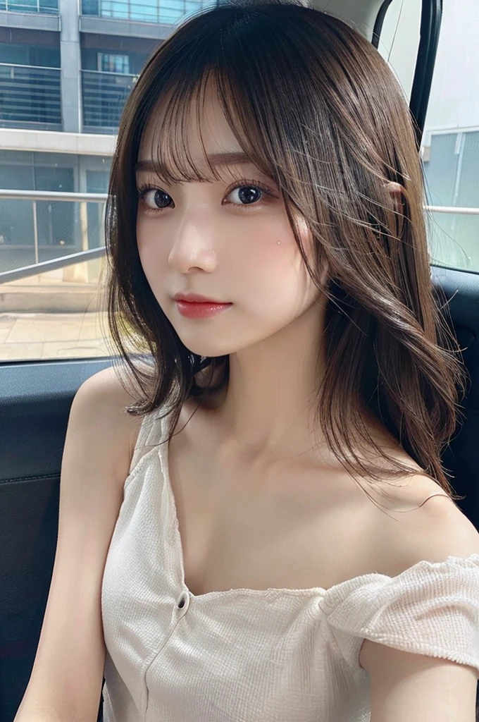 (8K壁紙),(8K),(Highest quality)、(Ultra-high resolution)、(RAW Photos、Cinema Lighting、high resolution、masterpiece),Professional photos,(Realistic, Photorealism),(high resolutionCG統合8K壁紙, Physically Based Rendering),Photorealistic,Beautiful perfectly detailed face,Beautiful perfectly detailed eyes,Beautiful perfectly detailed nose,Beautiful perfectly detailed mouth,Beautifully and perfectly detailed hand,Perfectly detailed fingertips,Beautiful detailed feet,Japanese , 18 year old Japanese girl, Beautiful detailed hairstyle,Cute Japanese Idols,Perfect Face,Super detailed face,Attention to detail,double eyelid,Slim figure,looking at the camera,No makeup,Emphasize the chest,In the car,Selfie,Beautiful clavicle,