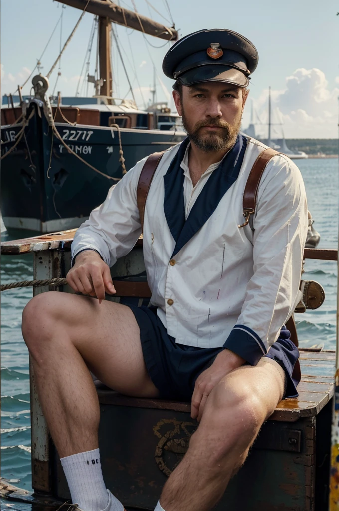 painting of a man in a sailor's outfit sitting on a boat, a portrait inspired by Henry Scott Tuke, pinterest, figurative art, fisherman, andrew atroshenko, captain, michael garmash and, jules bastien - lepage, mario robinson. oil on canvas, painting of a man, rugged ship captain, inspiring art, art jacek malczewski