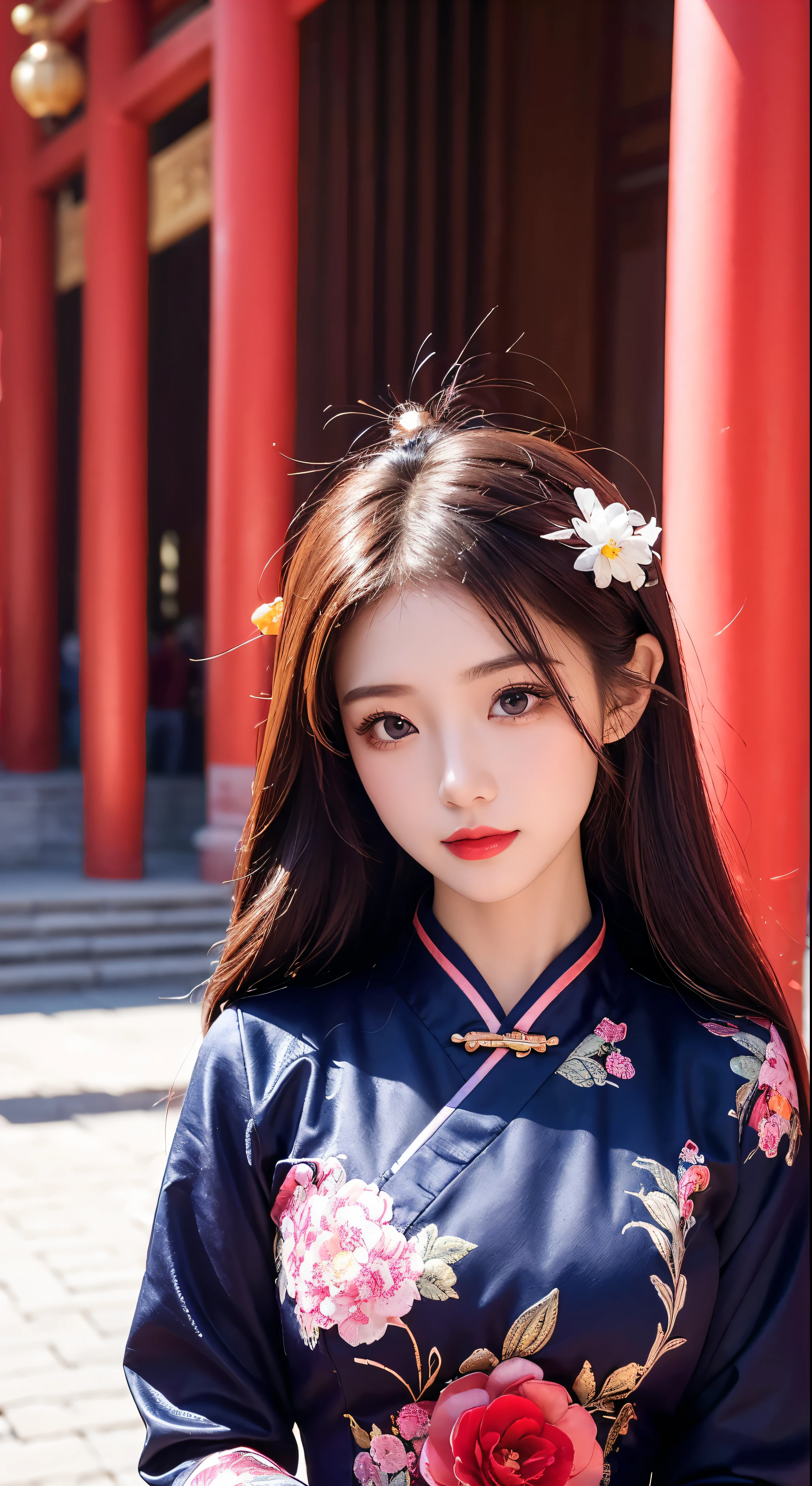 with high definition images,1girl,Upper Body,Facigirl,China dress,Chinese clothing,Hair Flower,(Masterpiece:1.4),(Highest quality:1.4),(Facial details),Red lips,Beholder's Perspective,Chestnut Hair,Parted lips,In the temple grounds。Bright sunshine。the dress is dark blue