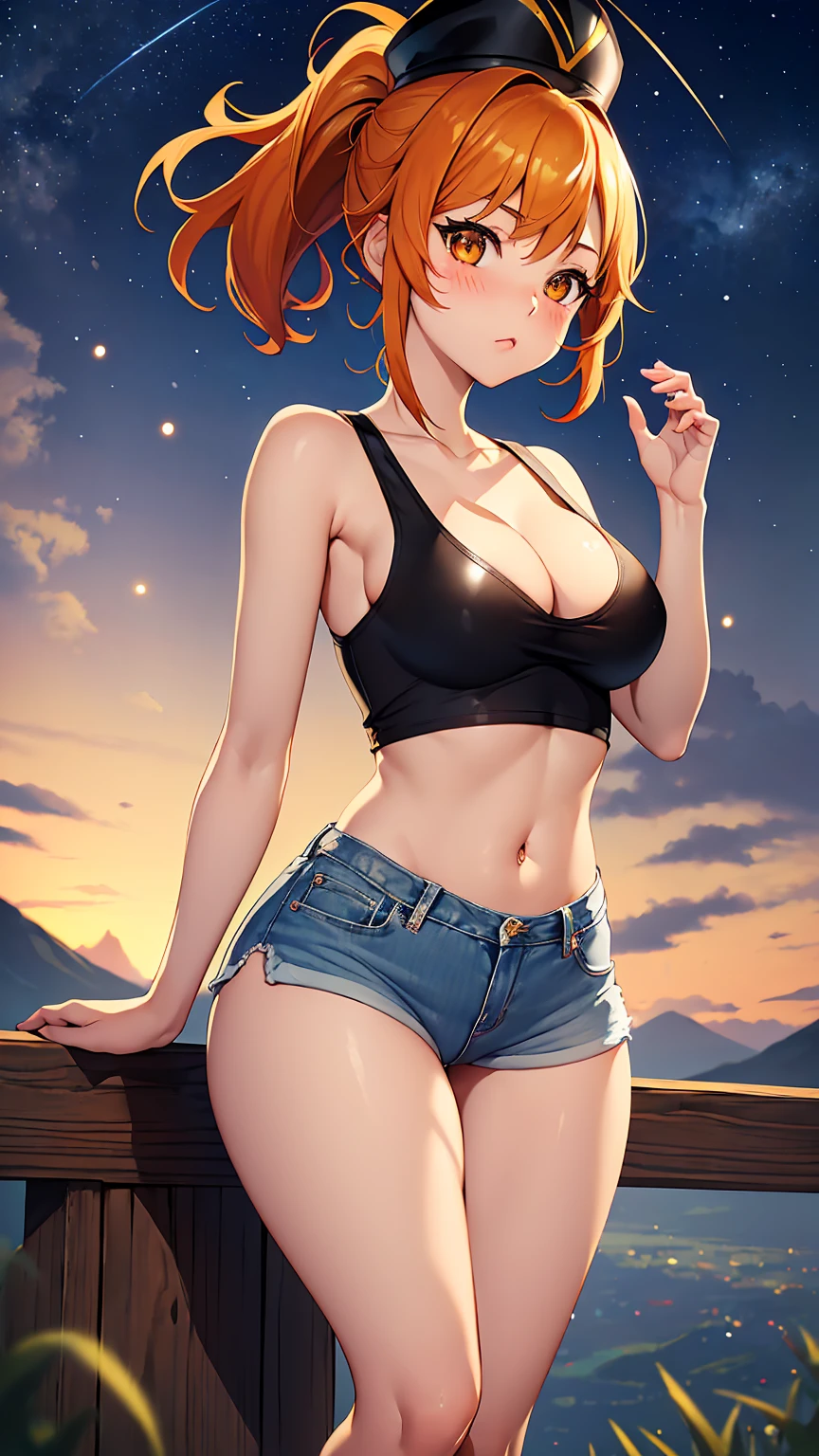 1girl, anime girl, anime, girl, 2d girl, 16y, (fullbody), standing, golden eyes, blowing kiss, blush, white hat, (short hair, ponytail, orange hair), ((black latex tank top, cleavage, areolae, areola, areola exposed)), Solo, Slim, medium breasts, medium ,medium Breasts, sfw, Tight Shorts, low waist shorts, upshorts, night flat terrain with mountains in the background, fireflies (stars in the sky), looking at viewer, darker shadows, (((explicit))), (((shorts))), (((absurdres))), (((thigh gap))), cameltoe, (((cameltoe))), (((cleft of venus))), (((lowleg shorts))),