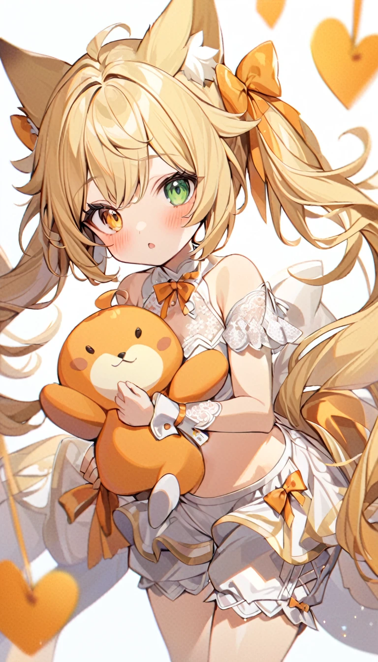 The fox girl,1girl, animal ears, bangs, bare shoulders, blonde hair, blush, bow, breasts, white cleavage, cropped torso, , green eyes, hair ribbon, heterochromia, holding, holding stuffed toy, looking at viewer, open mouth, orange bow, orange eyes, orange ribbon, ribbon, solo, stuffed animal, , , twintails, upper body, full-length, white legbands, white shoes with lace and white bows, white background, wrist cuffs, yellow eyes, bloomers, close-up, fair skin frills, lace, midriff, skirt, solo, , white background,shorts, white top with ribbon and lace and trousers,trousers, genshin,white slippers with a bow,All clothes are white, laceAt full height, it stands