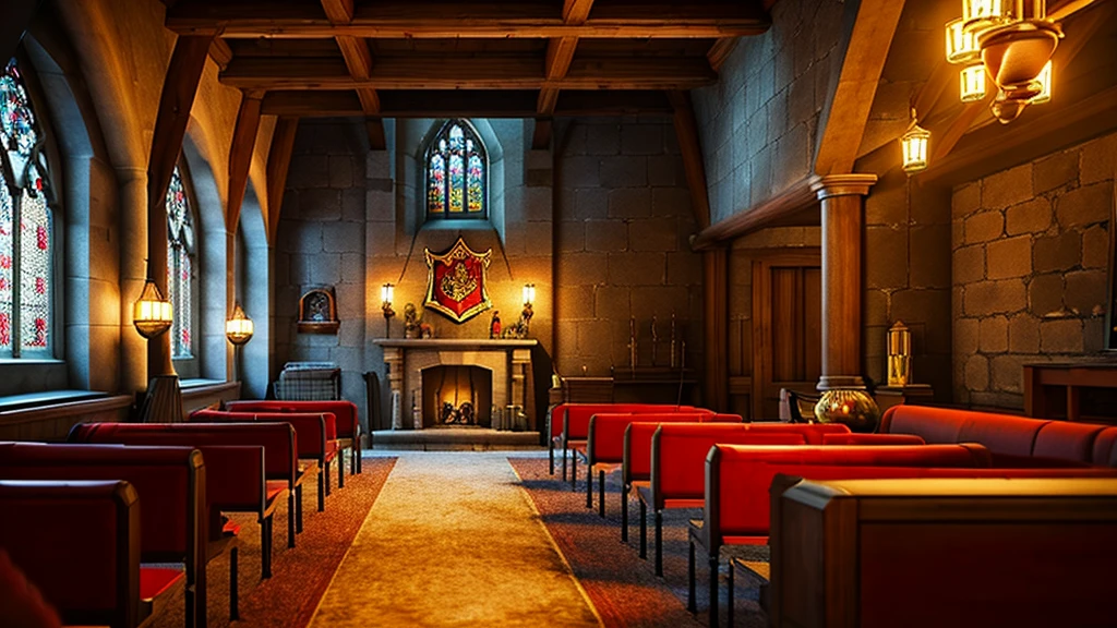 a cozy and grand griffindor common room, high ceilings, stone walls, arched windows, fantasy medieval setting, red sofas, fireplace, wooden desks, staircases, warm atmosphere, red carpet, parchment, coffee cups, harry potter, hogwarts legacy, steampunk, best quality,4k,8k,highres,masterpiece:1.2,ultra-detailed,(realistic,photorealistic,photo-realistic:1.37),HDR,UHD,studio lighting,ultra-fine painting,sharp focus,physically-based rendering,extreme detail description,professional,vivid colors,bokeh