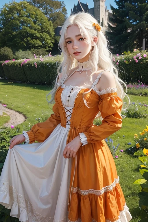 a 20 year old girl, with , He has short, curly white hair.. she is very pretty, with Slavic skin and freckles, and she is wearing a long orange dress from the Victorian era. It is located in the garden of a castle,