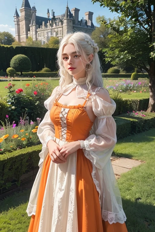 A young girl of 20 years, with , He has short, curly white hair.. she is very pretty, with Slavic skin and freckles, and she is wearing a long orange dress from the Victorian era. It is located in the garden of a castle,