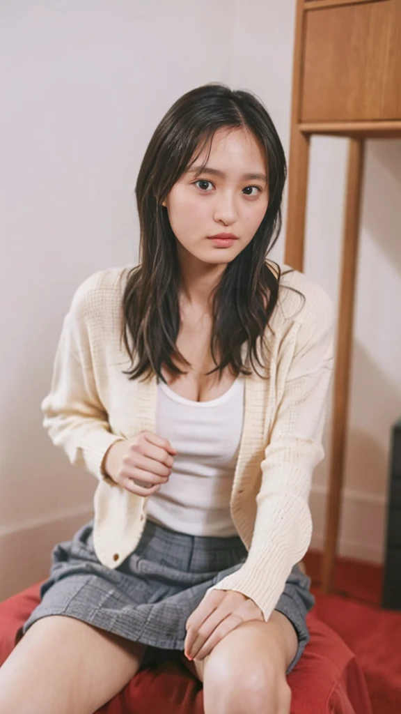 (masterpiece、Highest quality、Very detailed),alone、Natural body shape、White skin、Natural Makeup、(Beige long sleeve cardigan、White blouse、Blue plaid pleated skirt)、(Big Breasts:1.3)、((The upper body is wearing a uniform))、(((((Looking into the camera)))))、(((Crossing your legs)))、(((Exposing your thighs)))、Bedroom、On the bed、Sitting、((Focus on the crotch))