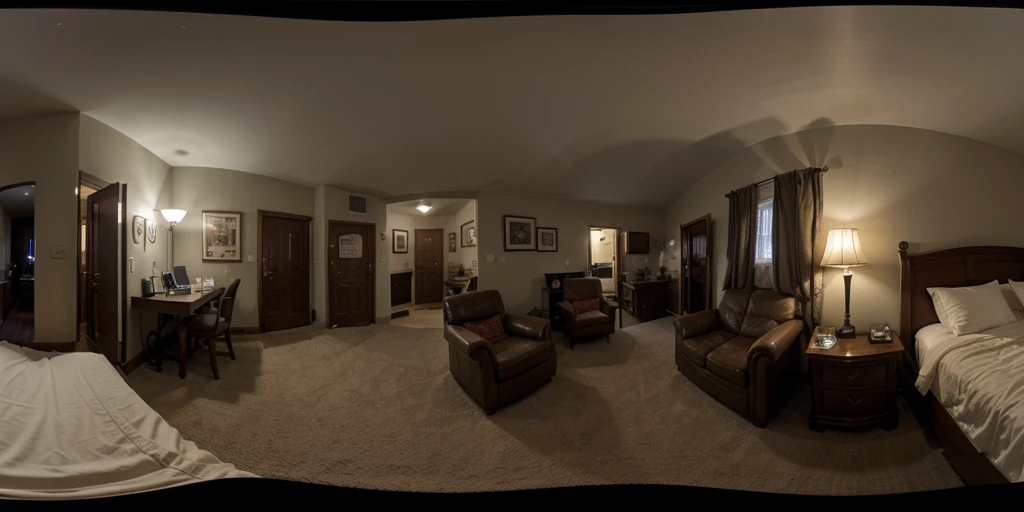 Equirectangular 360-degree panorama view photo with left and right ends seamlessly connected. haunted room, unlit, night 