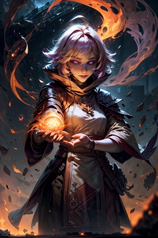 1 girl, bang, breathing fire, burning, Burnt clothes, coals, ahoge, beige hair, multicolored hair, fire, flame, flaming sword, (hand on the handle), standing, long hair, pyrokinesis, inexpressive, smoke, flower(symbol), One, Sparks, sunset, twilight, white flower, molten rock, Lily (flower), fiery flower, depth of field, burning ,