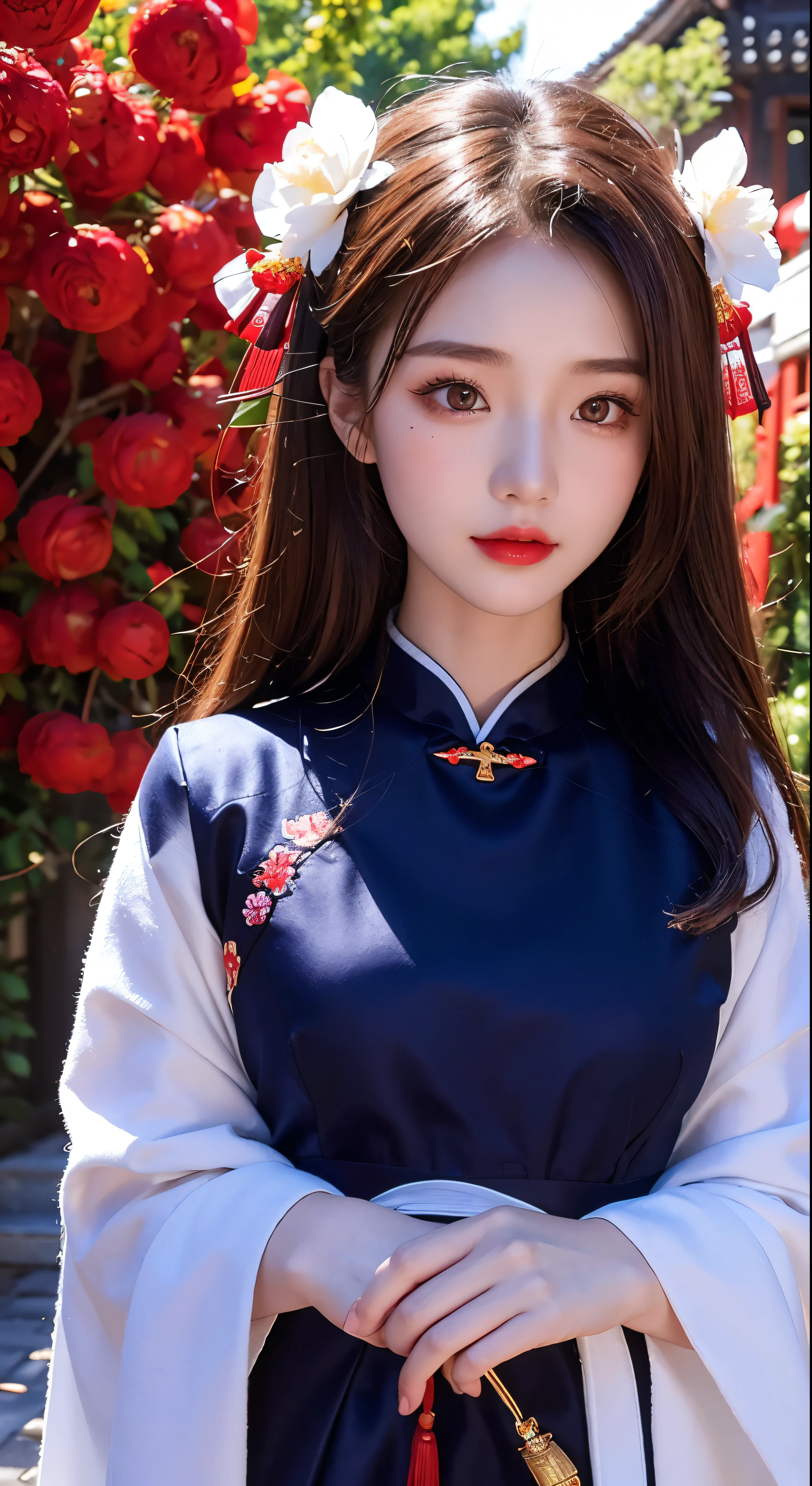 with high definition images,1girl,Upper Body,Facigirl,China dress,Chinese clothing,Hair Flower,(Masterpiece:1.4),(Highest quality:1.4),(Facial details),Red lips,Beholder's Perspective,Chestnut Hair,Parted lips,In the temple grounds。Bright sunshine。the dress is dark blue