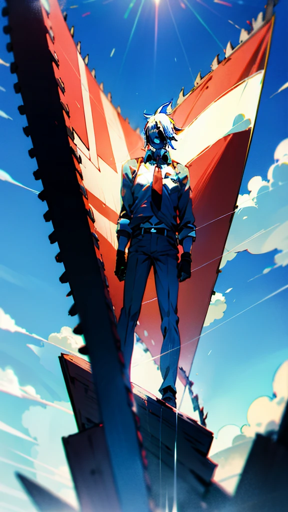chainsaw man, makima, denji, power, US flag, blue sky, high res, ultra sharp, 8k, looking at sky