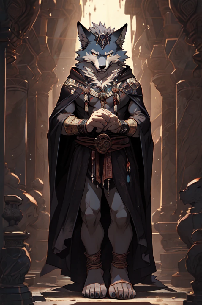 (((Barefoot furry character, full body, cinematic setting, furry male, plantigrade))), (((wearing black ancient sandals)))

(((Hades))) - (((God of the Underworld))) depicted as a mysterious (((wolf))) anthro with charcoal-gray fur and glowing amber eyes. He wears a dark hooded cloak that billows around him. Hades sits barefoot amidst eerie mist and shadows, with spectral forms and ghostly apparitions in the background. Symbols of the underworld like skeletal remains and obsidian pillars surround him. Cerberus, the three-headed dog, is at his side.

BREAK, detailed background, 8K, (masterpiece:1.5), intricate details, highly detailed, extreme detail, octane render, fine art, best quality, highres, (detailed face:1.5), ((full_body)), UHD, (((perfect hands))), (((perfect feet))), low light