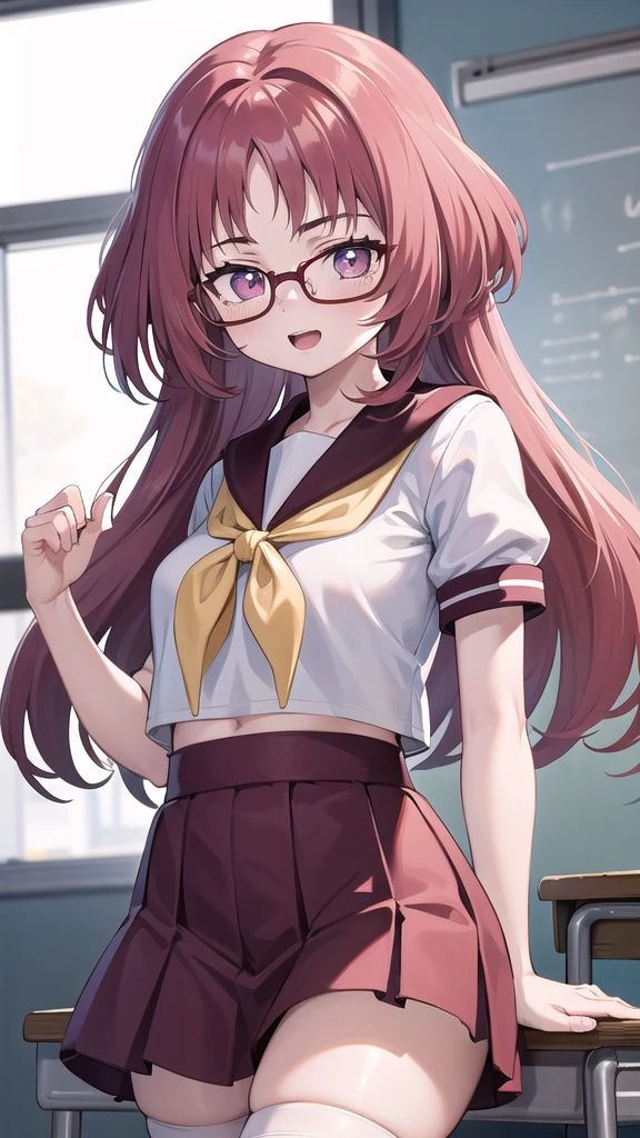 Masterpiece, perfect lighting, (beautiful, Best quality: 1.3), Perfect eyes, absurd, 8k, 1 girl, alone, (absurds), finely detailed, very large, Violet eyes, red hair, red glasses, small breasts, smiling , open mouth, in love, looking at viewer, posing flirtatiously, thighs, glasses, wide, black stockings, Serapuku, sailor collar, yellow scarf, white shirt, red dress, red hair, classroom